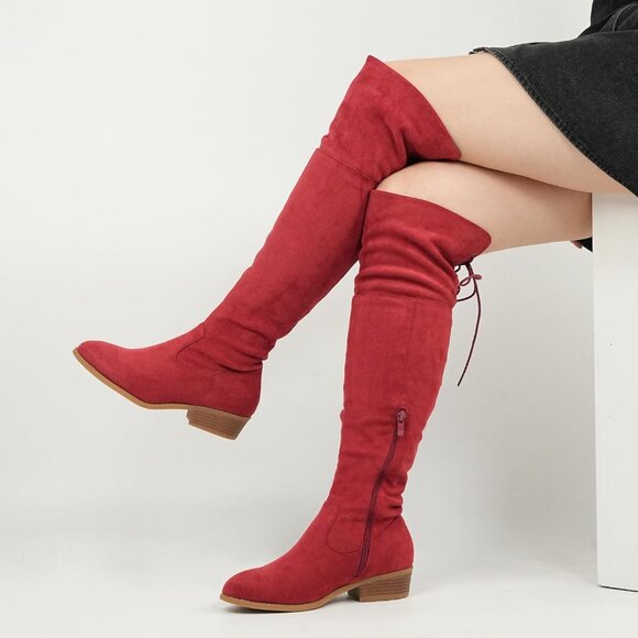 Women's Red Faux Suede Thigh High Over The Knee Black Low Flat Heel Boots - Picture 2 of 7